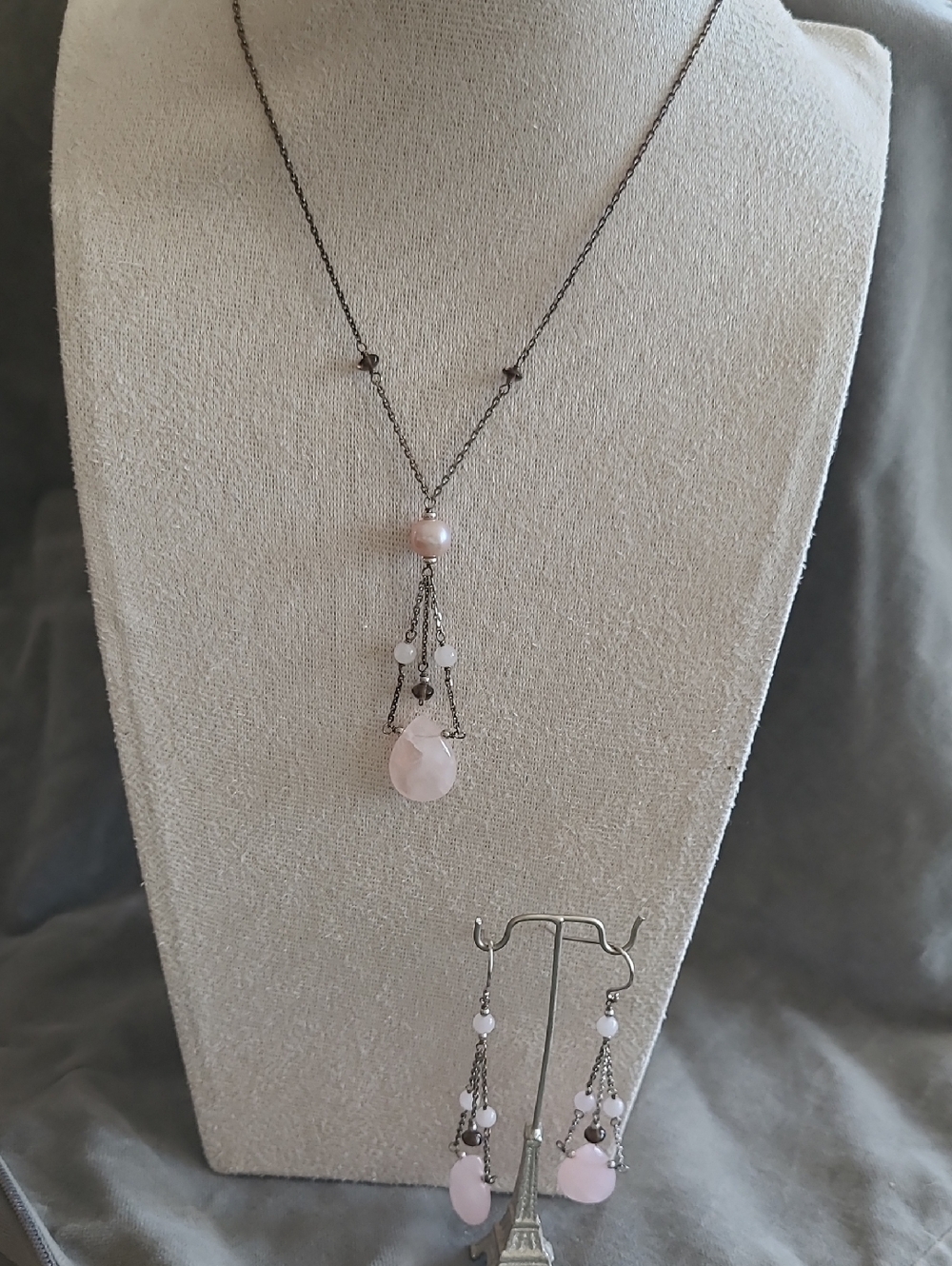Rose Quartz Teardrop Pendant Silver Necklace and Earrings Boxed Set